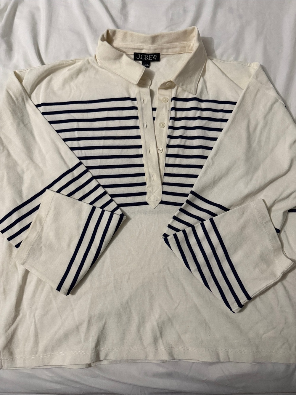 J. Crew Cream and Navy Striped Rugby Polo